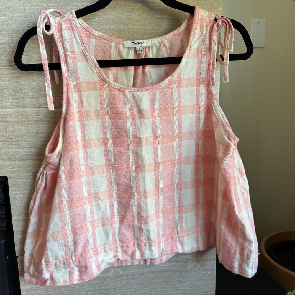 Madewell Petal Pink Plaid Tie-shoulder Cropped Tank, Small